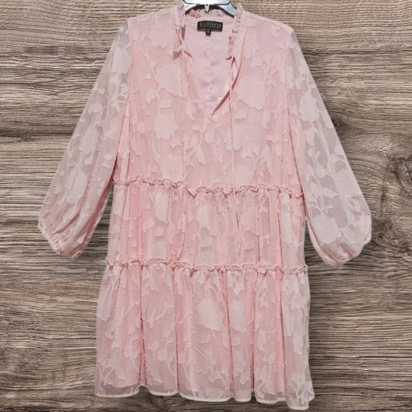 Eloquii Mini Pink Chiffon Tiered Ruffle Dress with Bow Neck Long Sleeve Boho - Picture 2 of 12